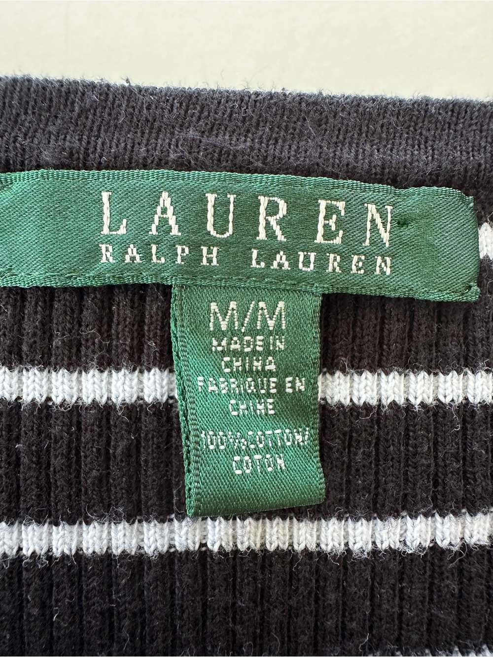 Lauren Ralph Lauren Black & White Striped V‑Neck Cotton Knit Top, 3/4 Sleeves - Picture 6 of 7